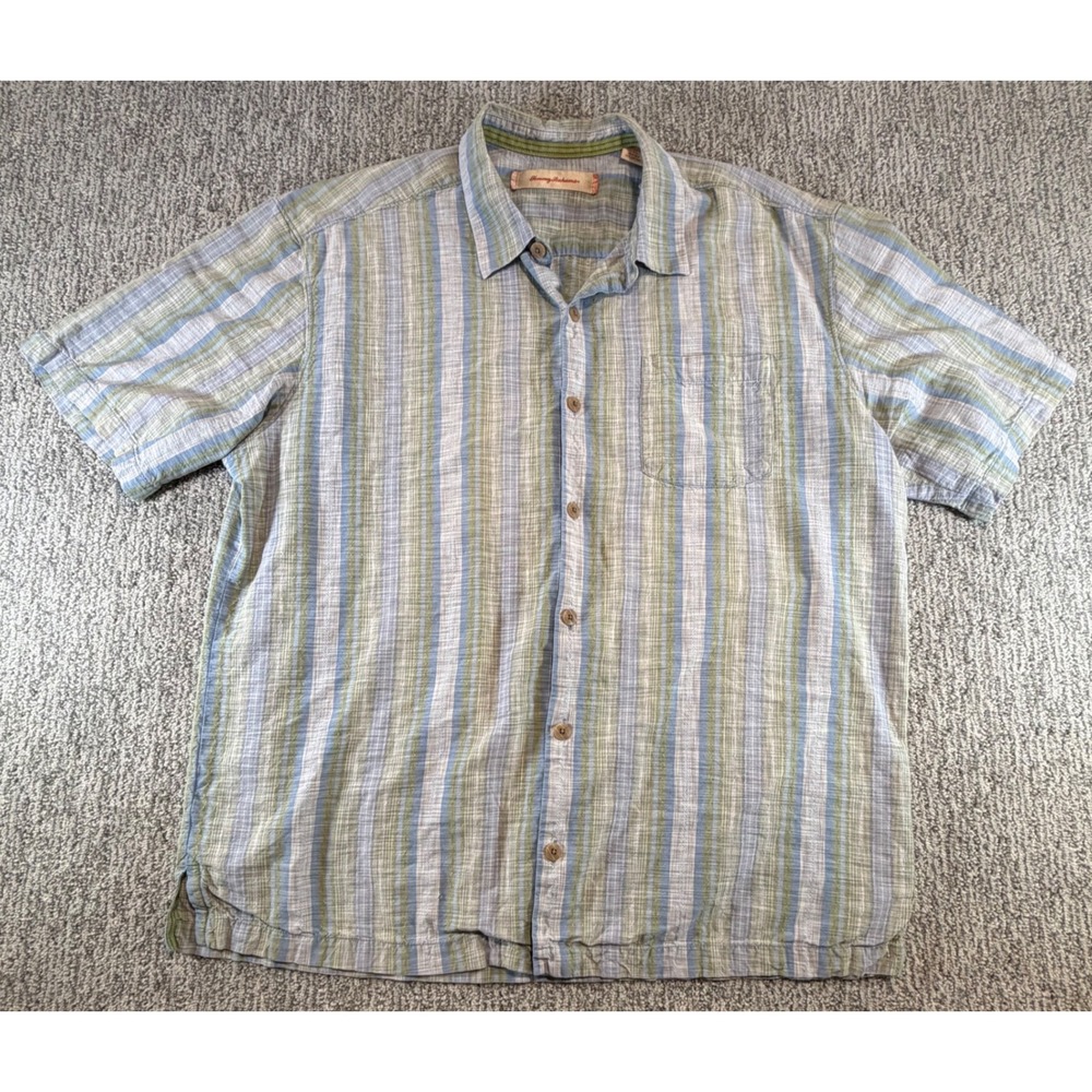 Tommy Bahama Button Up Shirt Mens XL Blue Green Striped Silk Blend Short Sleeve